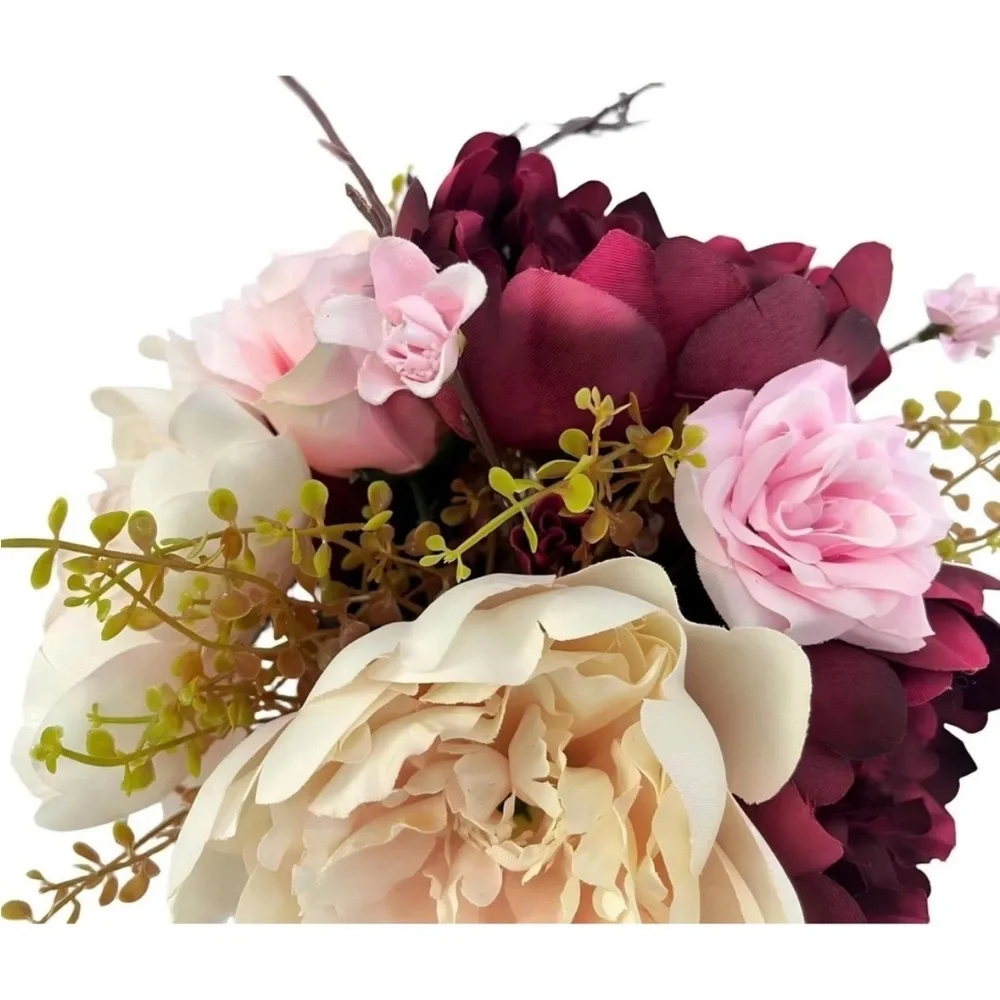 My Texas House Red and Pink Artificial Rose Floral Arrangement in White Pot